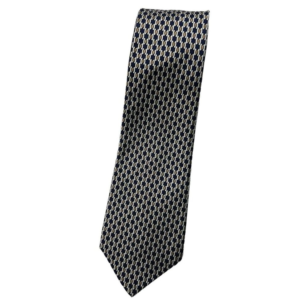 DANIEL CREMIEUX 7fold Men's 100% Silk Necktie LUXURY Navy Geometric W:3.5" EUC